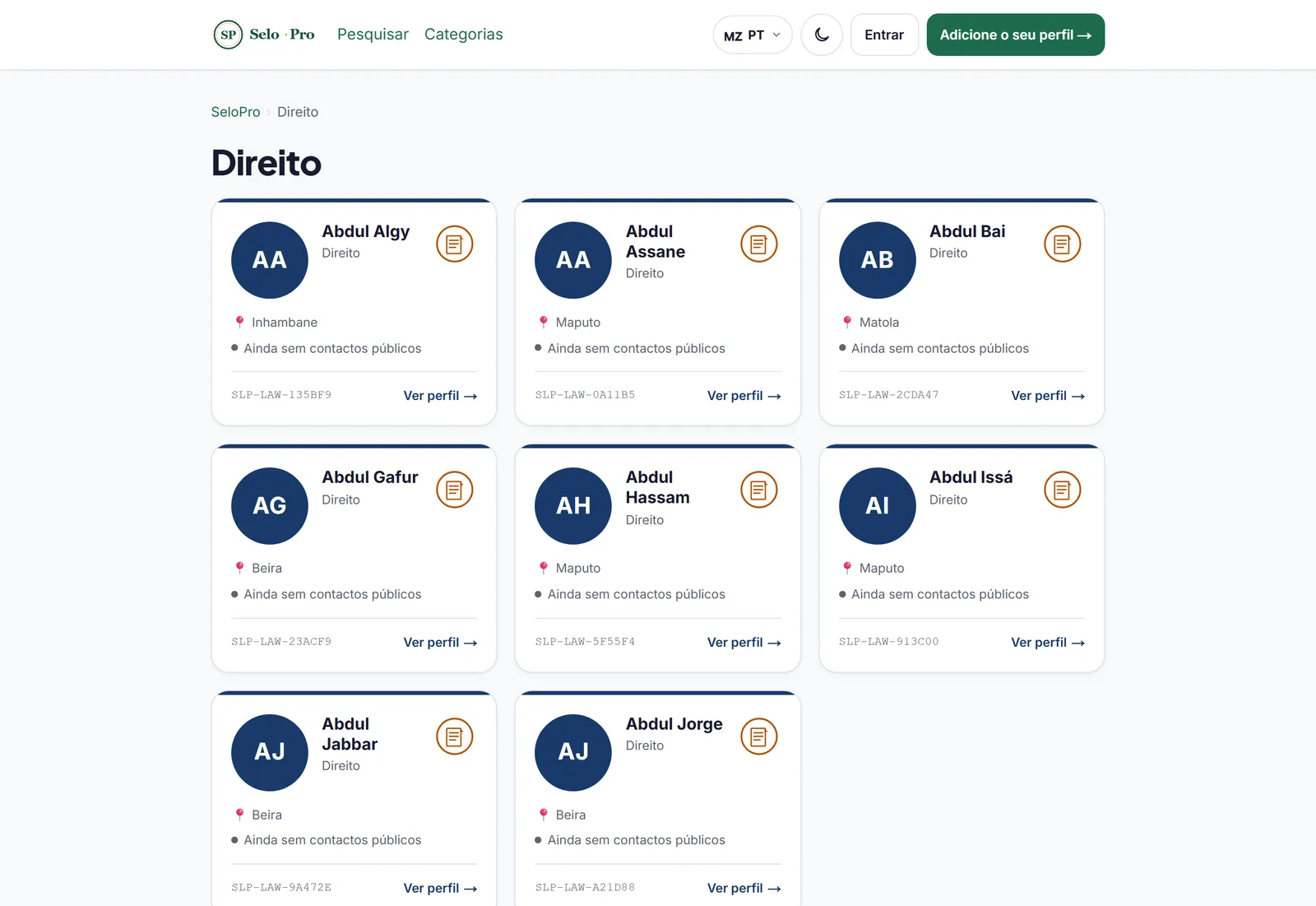 Listagem de profissionais na categoria Direito.