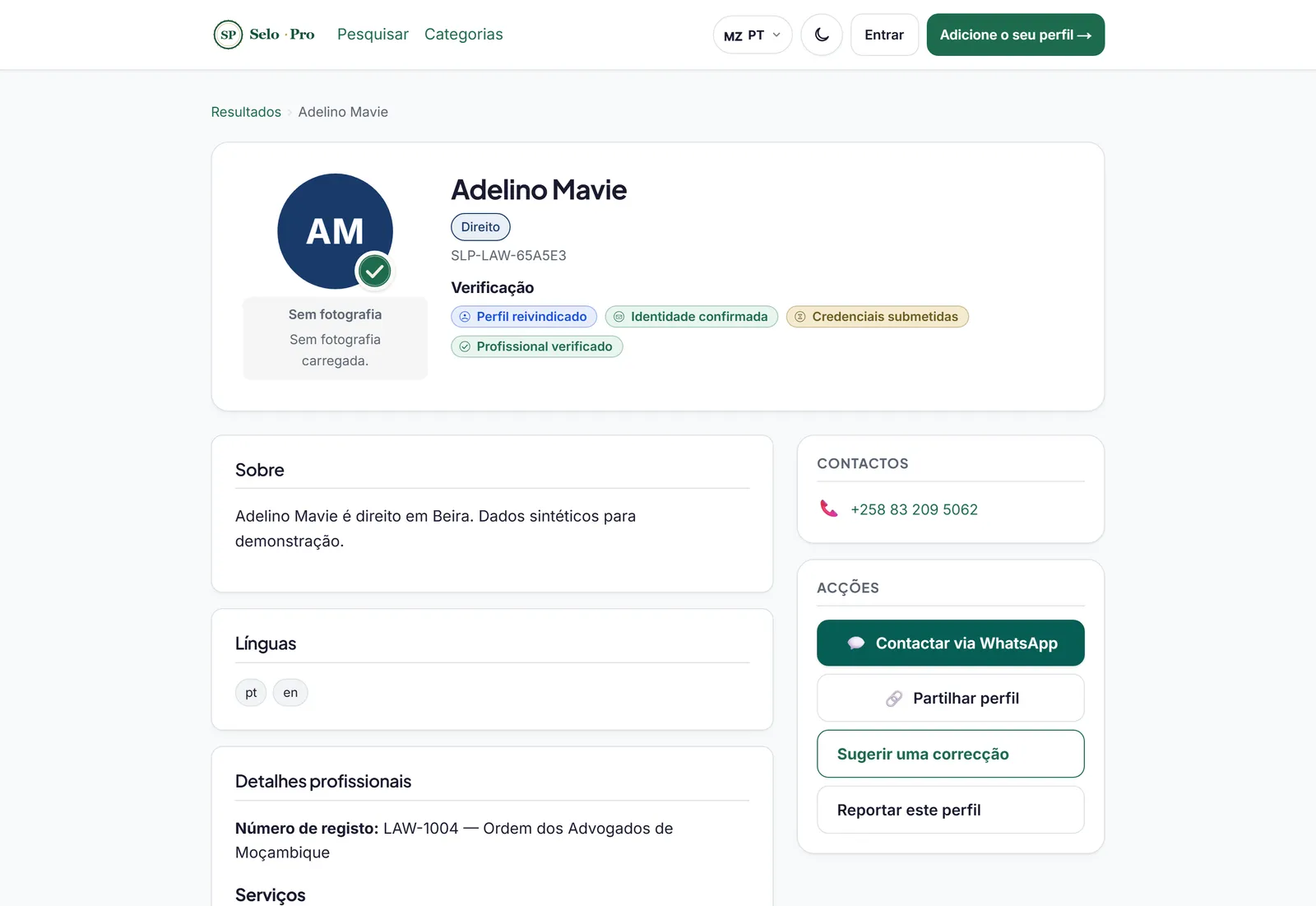 Perfil profissional verificado, com o selo verde e as acções disponíveis.