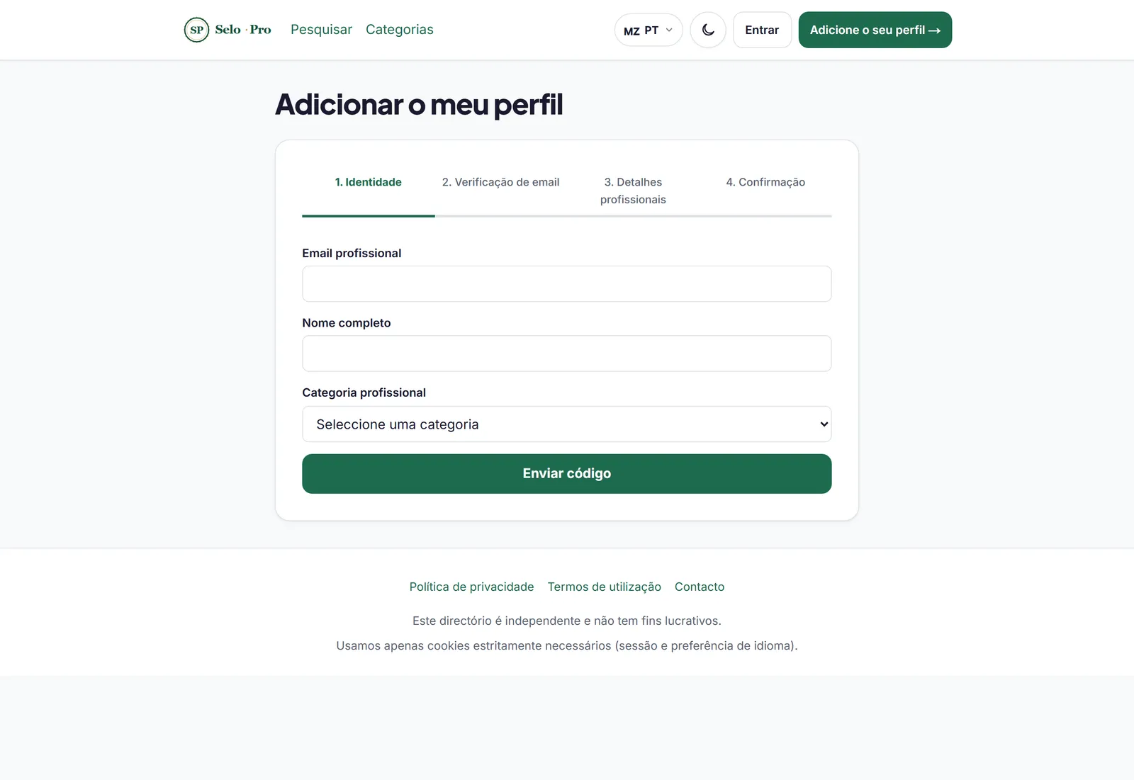 Formulário de adicionar perfil, com o assistente de 4 passos.