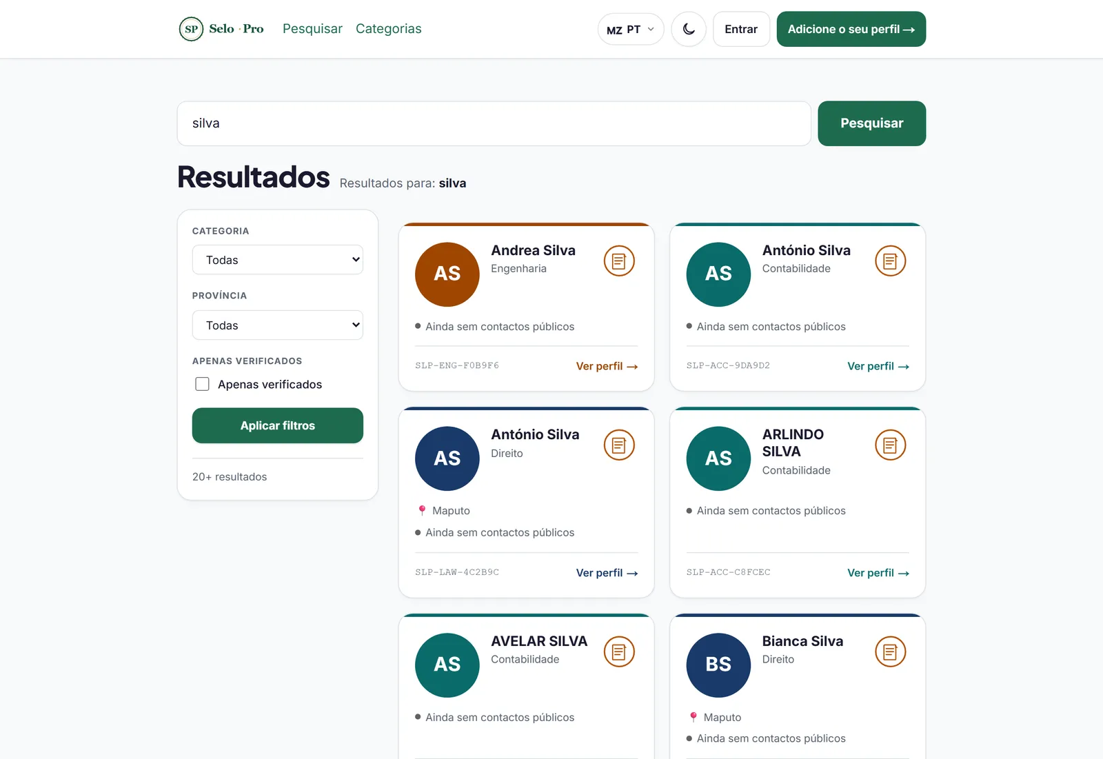 Resultados de pesquisa por nome.